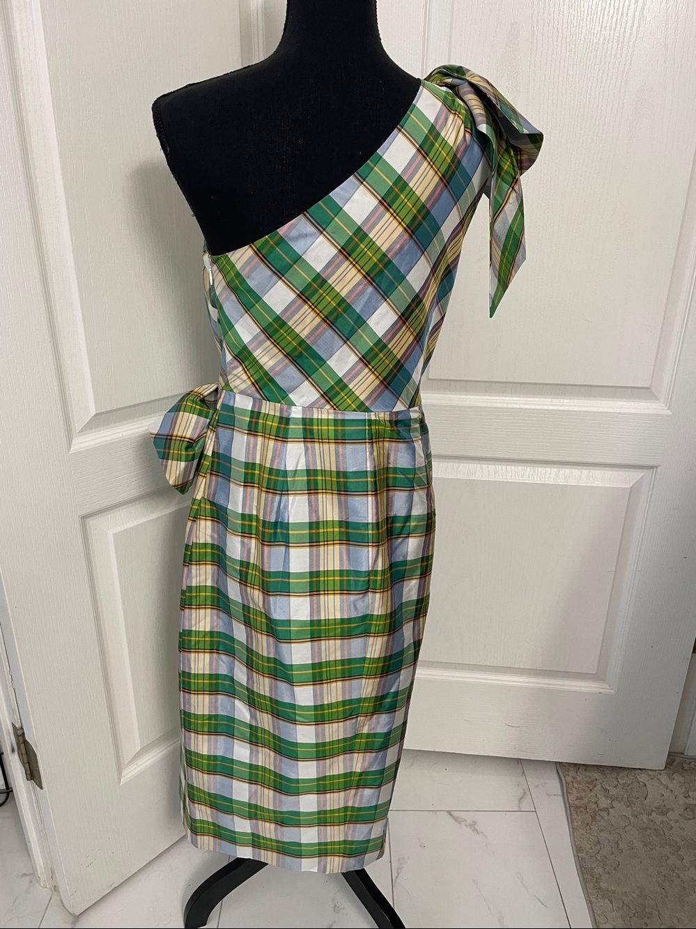 J.Crew one shoulder plaid silk taffeta dress 4 bow dressy wedding cocktail - Picture 7 of 9